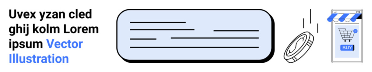 Image with a text box placeholder and mobile shopping cart illustration with coin. Ideal for e-commerce, mobile banking, fintech, online shopping, and digital transactions. Banner for landing page