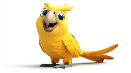 Fototapeta premium Bright yellow cartoon parrot with a big smile and cheerful pose, isolated on white background
