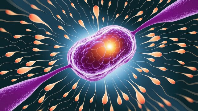 A purple blob with a yellow center is surrounded by many small purple blobs