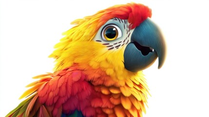 Obraz premium Brightly colored cartoon parrot with expressive eyes and a big beak, looking curious, isolated on white background