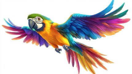 Fototapeta premium Cartoon parrot with a rainbow of feathers, flying happily, isolated on white background
