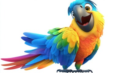 Colorful cartoon parrot with rainbow feathers, perched happily with a big grin, isolated on white background