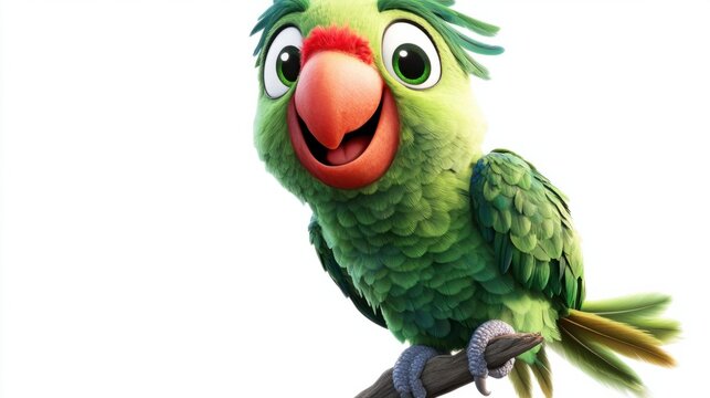 Cute cartoon parrot with a big smile and green feathers, perched and ready for fun, isolated on white background