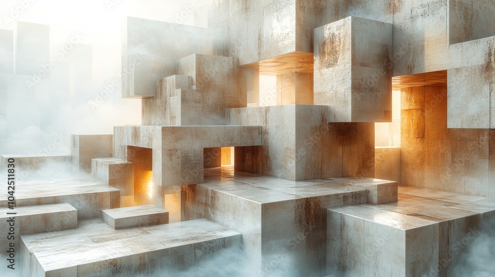 Fototapete The artwork depicts a captivating abstract environment featuring illuminated blocks surrounded by a mist that enhances the surreal feel.