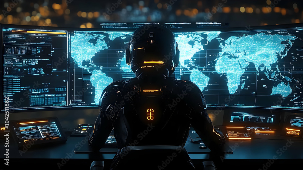 Poster futuristic control room with a figure monitoring global data.
