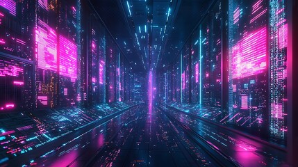 Futuristic Data Center with Glowing Holographic Screens