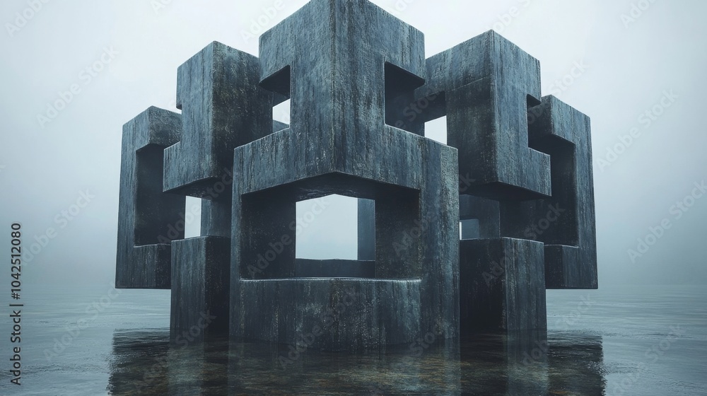 Aufkleber a striking concrete structure rises from calm water, shrouded in thick fog. the unusual design creat