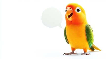 Funny cartoon parrot with a speech bubble, bright orange beak, and expressive eyes, isolated on white background
