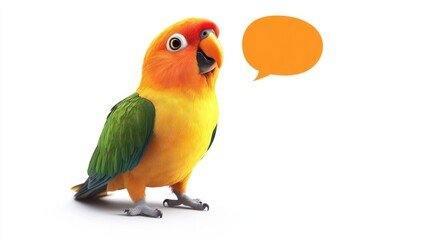 Funny cartoon parrot with a speech bubble, bright orange beak, and expressive eyes, isolated on white background
