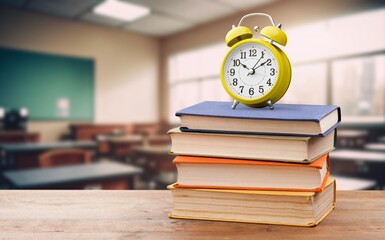 School supplies on wooden desk. Stationery concept