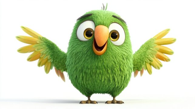 recommend clip art: Green cartoon parrot with wide eyes, wings outstretched, and a joyful expression, isolated on white background