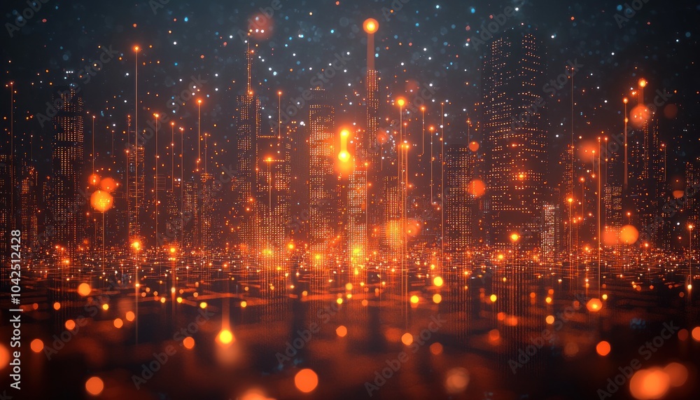 Poster abstract cityscape with illuminated buildings and streaks of light