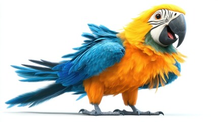 Fototapeta premium Playful cartoon parrot with orange and blue feathers, standing on one leg, isolated on white background