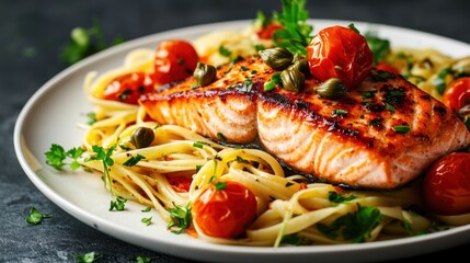 Grilled Salmon with Capers, Tomatoes, and Linguine