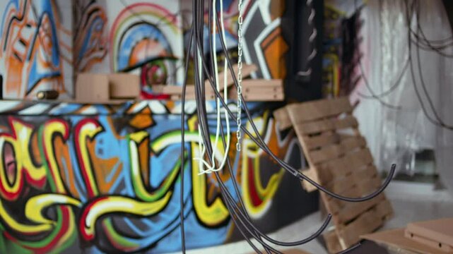 Graffiti spraying cans and empty pizza boxes in derelict building, concept of alternative lifestyle. Dolly in shot of base of operations in city slums used by criminals to commit illegal activities