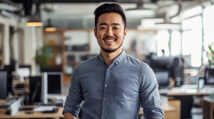 Obraz premium A smiling Asian man in a blue shirt stands in a modern office, looking at the camera.