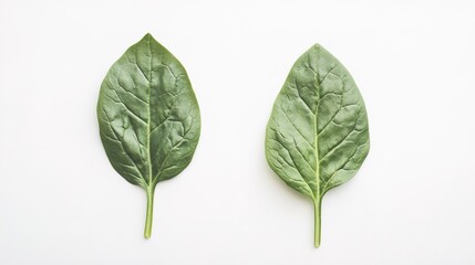 Fresh green spinach leaves on a clean white background, showcasing their vibrant color and crisp texture. These nutritious leaves are a popular choice for healthy dishes, salads, and smoothies. 