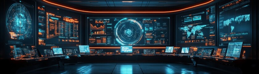 Futuristic digital command center visualizing data and analytics in a high-tech environment