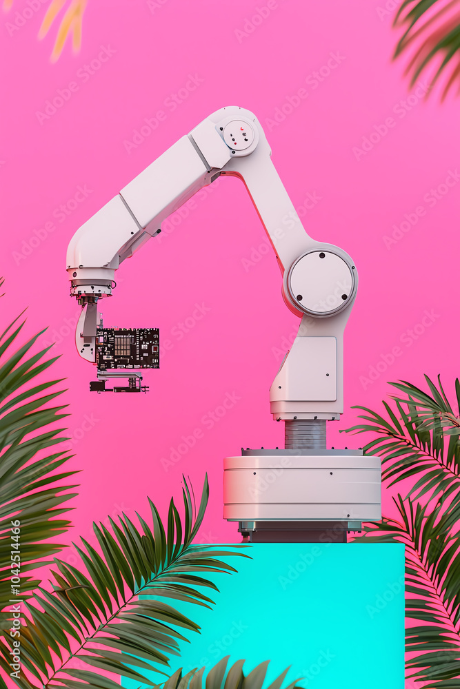 Poster exploring the intersection of robotics and technology a futuristic industrial scene against a vibran