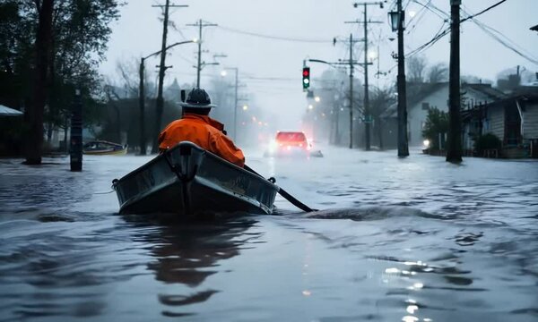 Resilient Individual Navigating Flooded Urban Street in Boat During Heavy Rainstorm