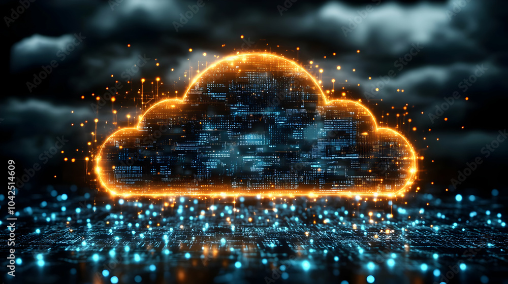 Poster digital cloud symbol with glowing data connections and effects.