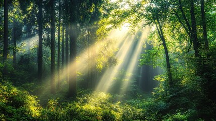 Fototapeta premium Enchanted Forest with Sunlight Rays Streaming Through Trees