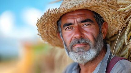 Fototapeta premium Portrait of a weathered man wearing a straw hat, exuding wisdom.