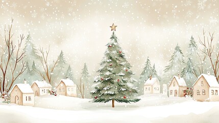 Naklejka premium Christmas tree at little village on snowy day, Merry Christmas background