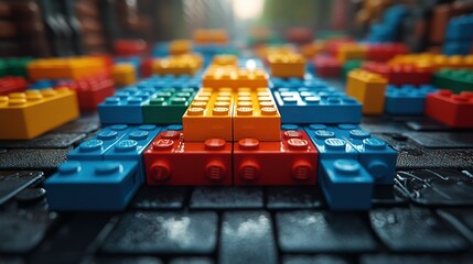 Obraz premium Colorful Plastic Building Blocks on a Dark Surface