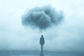 A lone woman stands beneath a dark cloud in a foggy landscape.