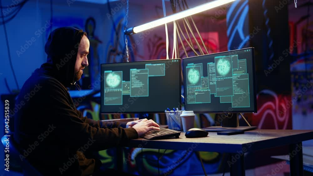 Poster hacker happy after successfully doing computer sabotage using encryption trojan ransomware in hidden