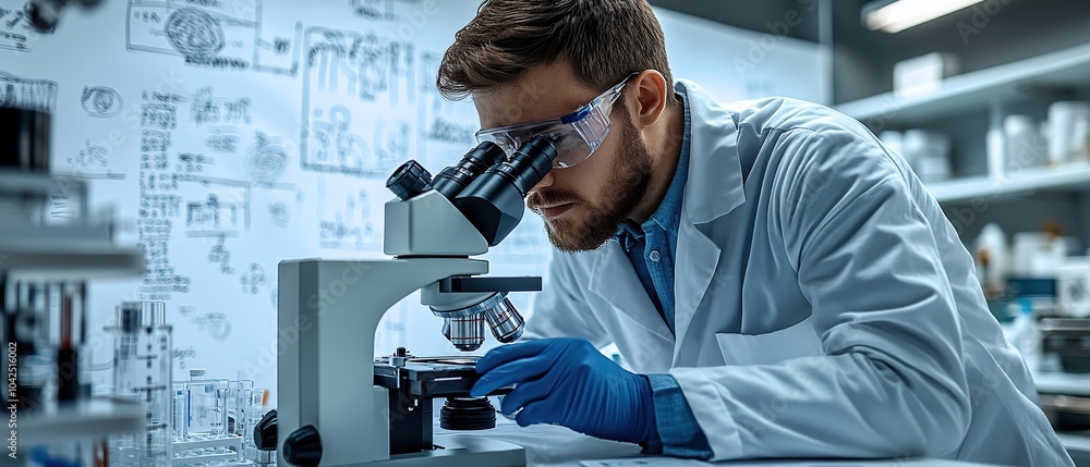 Poster a scientist in a lab coat uses a microscope to examine a sample.