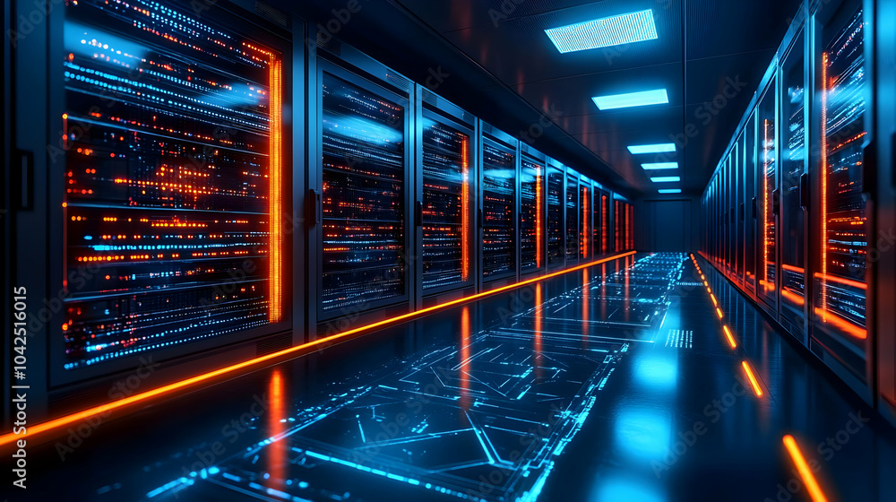 Aufkleber a futuristic data center with illuminated server racks.