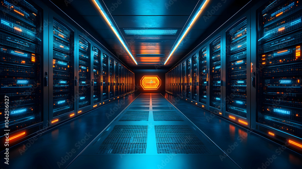 Aufkleber futuristic data center with illuminated server racks.