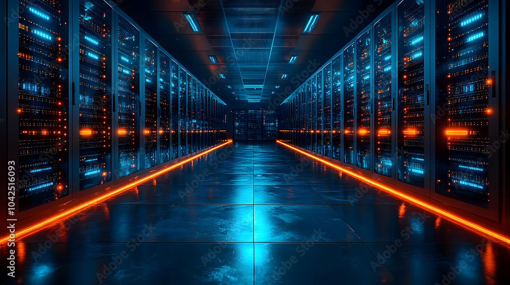 Poster futuristic data center with glowing lights and server racks.