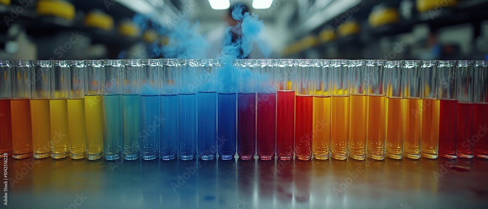 Poster a row of test tubes filled with colorful liquids in a laboratory, with a scientist blurred in the ba