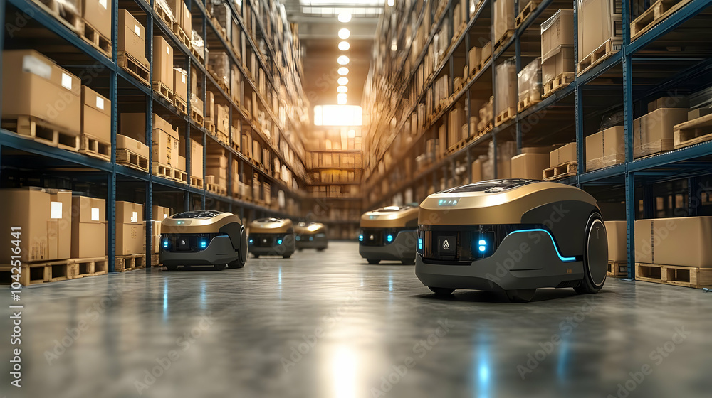 Poster Automated robots navigating a warehouse filled with boxes.