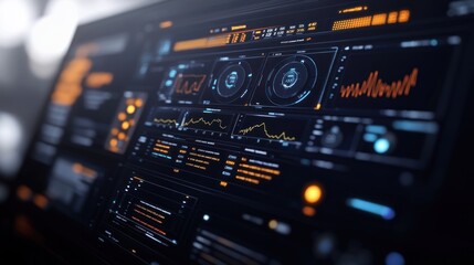 Obraz premium Close-up of a computer screen displaying a futuristic digital interface with data, graphs, and charts.