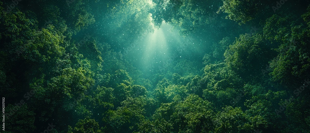 Aufkleber sunlight filtering through a dense canopy of lush green trees