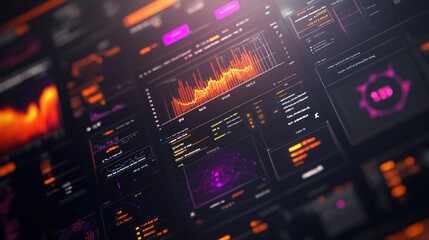 Obraz premium A close-up shot of a computer screen displaying a complex futuristic user interface with various graphs, charts, and data visualizations in orange and pink colors.