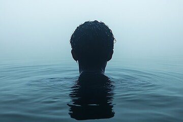 A man swims in calm waters, embracing the tranquility of the morning mist.