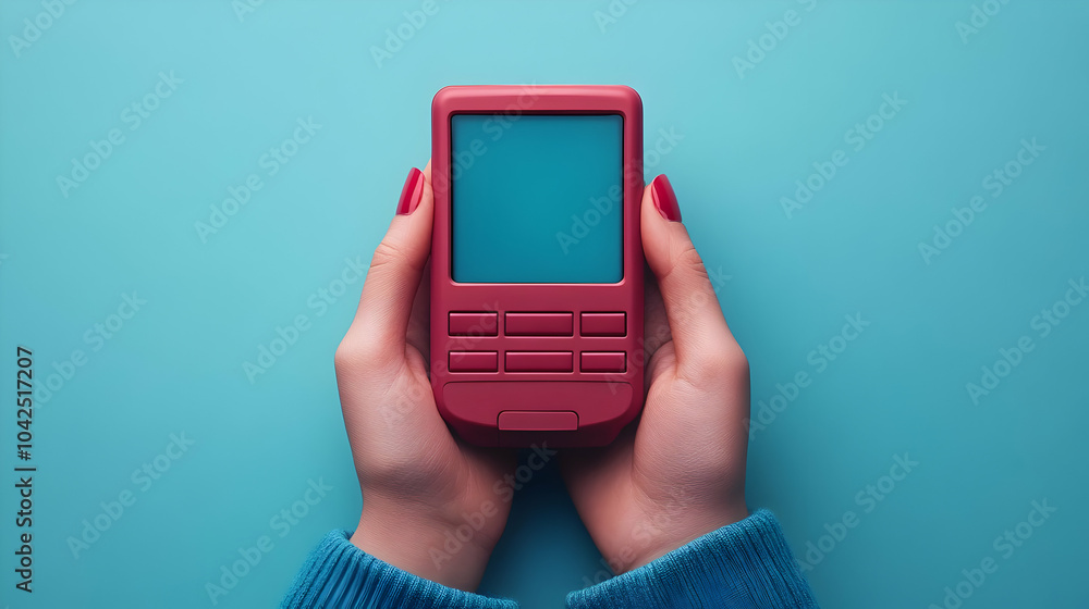 Poster holding a red device with buttons and a screen