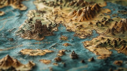 A close-up of a fantasy map with a castle on a cliff overlooking the sea.