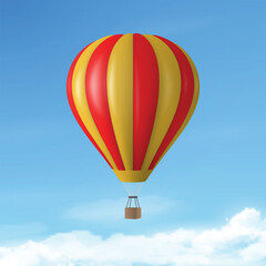 Fototapeta premium Vector Travel Banner with 3d Realistic Hot Air Balloon Icon on a Blue Sky Background. Design Template, Summer Vacation, Travelling, Tourism and Journey Concept