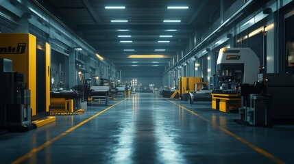 Industrial Factory Interior with Machinery and Yellow Lines