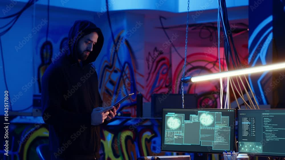 Poster lone wolf hacker in neon lit secret hideout trying to hide his online activity after stealing data f