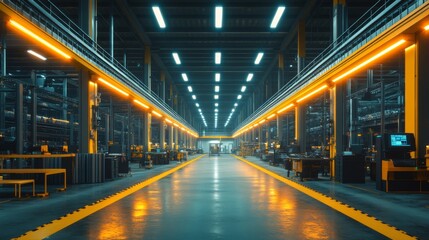 Fototapeta premium A Long, Empty Industrial Corridor With Yellow and Blue Lighting