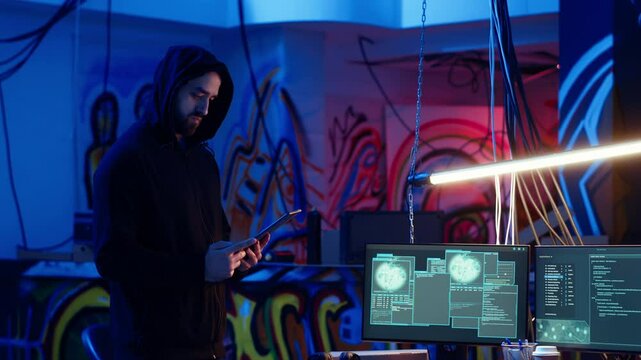 Lone wolf hacker in neon lit secret hideout trying to hide his online activity after stealing data from victims using computer virus, trying to avoid being detected, using tablet, camera B