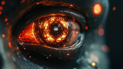 Close-up of a futuristic, glowing, red eye with a black background.