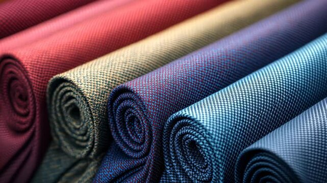 Colorful rolls of fabric stacked neatly, a variety of textures and patterns for design inspiration and creative projects.